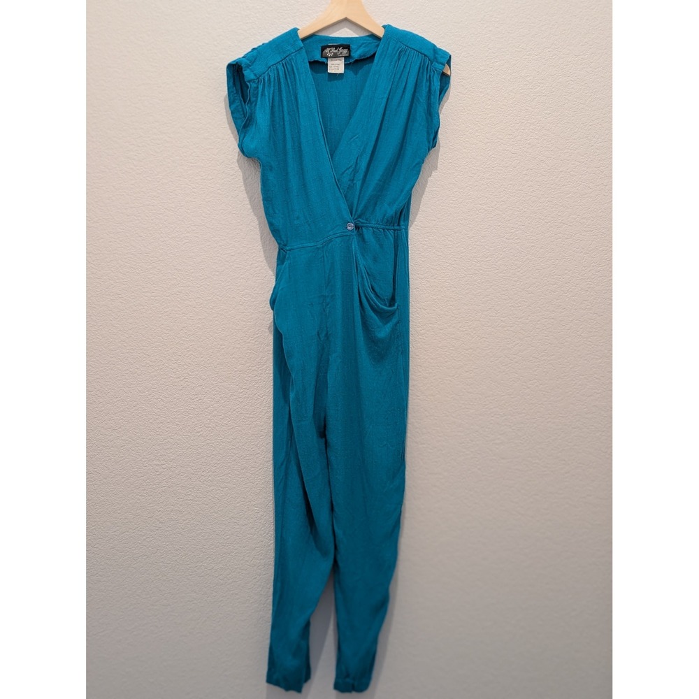 Vintage All That Jazz Teal Blue Wrap Jumpsuit Padded Shoulder 80s Style 7833 S/M